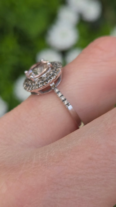 2161 Vintage: 9ct White Gold Morganite & Diamond Double Halo Dress Ring