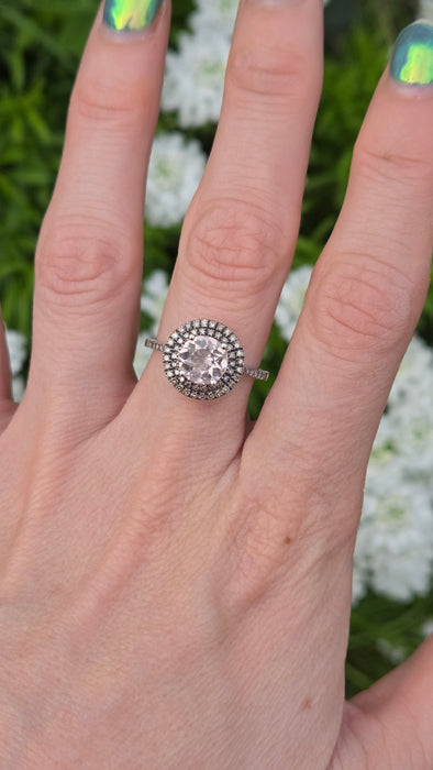 2161 Vintage: 9ct White Gold Morganite & Diamond Double Halo Dress Ring