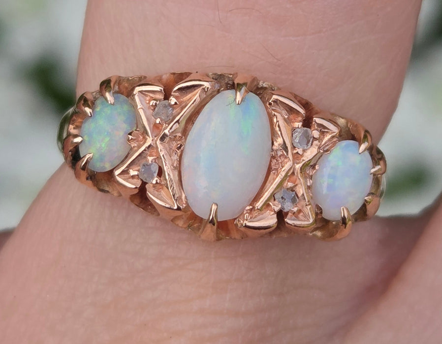 1756 Antique: 9ct Rose Gold Opal & Diamond Five-Stone Ring — From 1912