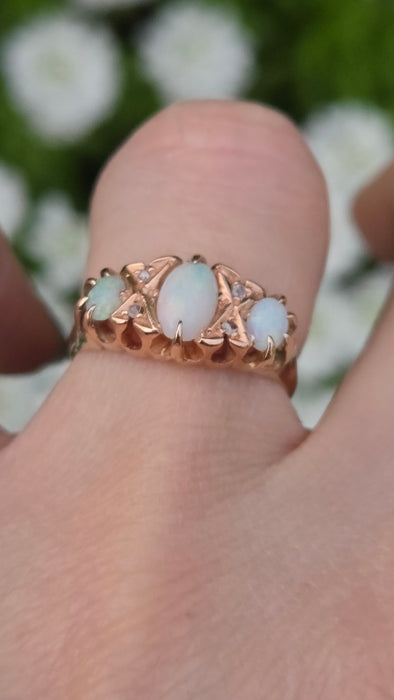 1756 Antique: 9ct Rose Gold Opal & Diamond Five-Stone Ring — From 1912