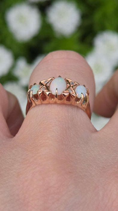 1756 Antique: 9ct Rose Gold Opal & Diamond Five-Stone Ring — From 1912