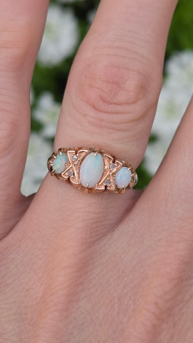 1756 Antique: 9ct Rose Gold Opal & Diamond Five-Stone Ring — From 1912