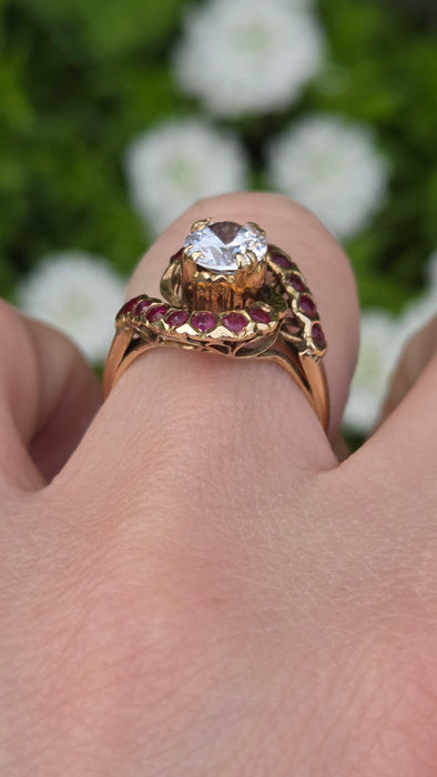 6541 Vintage: 18ct Yellow Gold Zircon & Ruby Cluster Ring