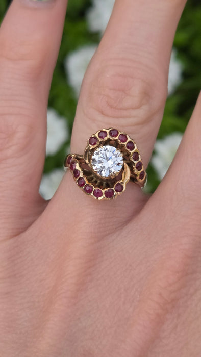6541 Vintage: 18ct Yellow Gold Zircon & Ruby Cluster Ring