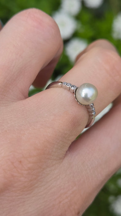 3129 Victorian: Exquisite Platinum Pearl & Diamond Ring