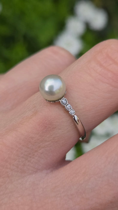 3129 Victorian: Exquisite Platinum Pearl & Diamond Ring