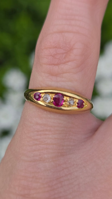 6560 Vintage: 18ct Yellow Gold Ruby & Diamond Gypsy Ring — From 1967