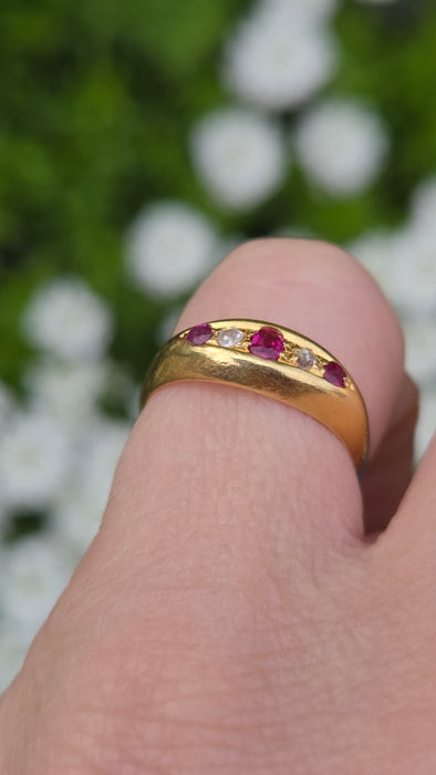 6560 Vintage: 18ct Yellow Gold Ruby & Diamond Gypsy Ring — From 1967