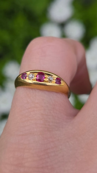6560 Vintage: 18ct Yellow Gold Ruby & Diamond Gypsy Ring — From 1967