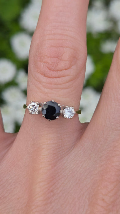 2071 Vintage: 18ct Yellow Gold French Blue Sapphire & Diamond Three Stone Ring — From 1984