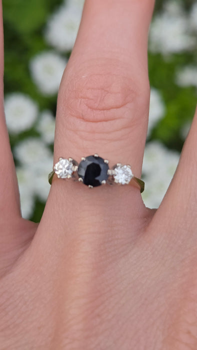 2071 Vintage: 18ct Yellow Gold French Blue Sapphire & Diamond Three Stone Ring — From 1984