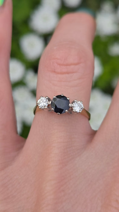 2071 Vintage: 18ct Yellow Gold French Blue Sapphire & Diamond Three Stone Ring — From 1984