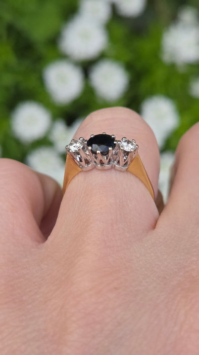 2071 Vintage: 18ct Yellow Gold French Blue Sapphire & Diamond Three Stone Ring — From 1984