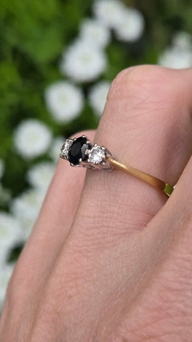 2071 Vintage: 18ct Yellow Gold French Blue Sapphire & Diamond Three Stone Ring — From 1984