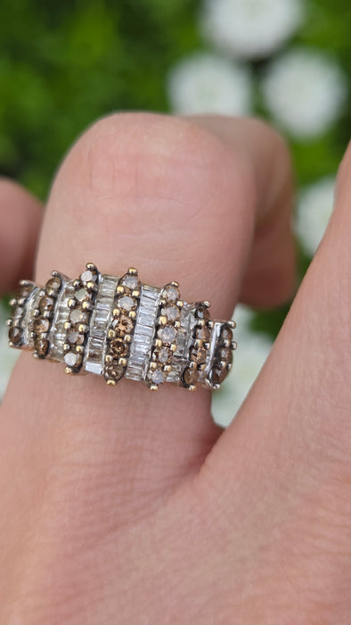 1503 Vintage: 9ct Yellow Gold Champagne & White Diamond Ring