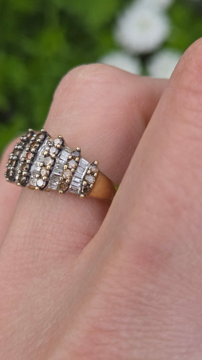 1503 Vintage: 9ct Yellow Gold Champagne & White Diamond Ring