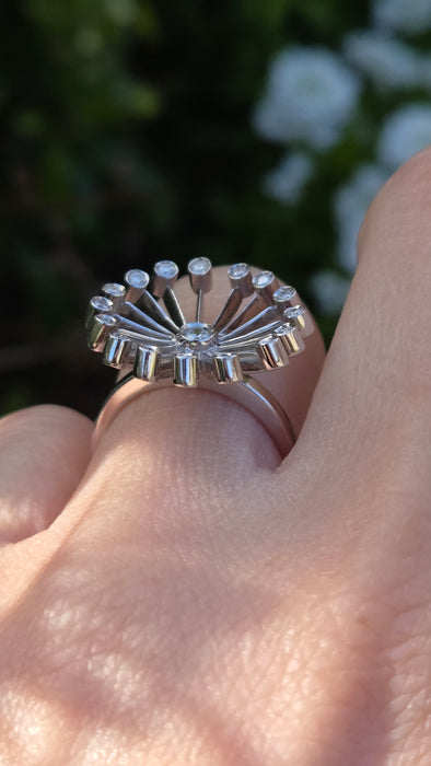 2201 Vintage: 18ct White Gold Diamond Sunray Cluster Ring