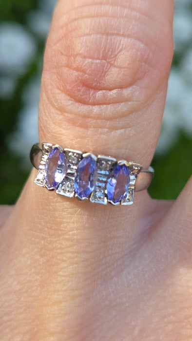 6557 Vintage: 9ct White Gold Tanzanite & Diamond Trilogy Ring
