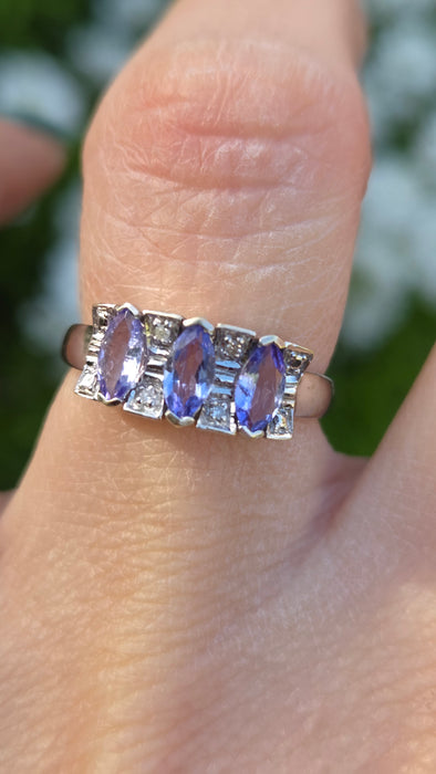 6557 Vintage: 9ct White Gold Tanzanite & Diamond Trilogy Ring