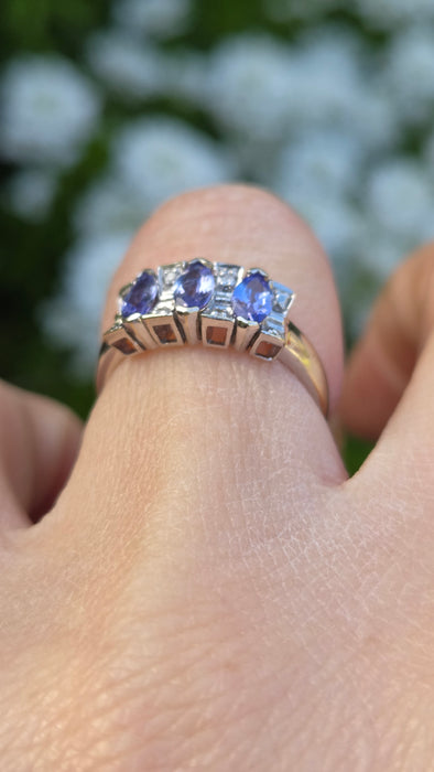 6557 Vintage: 9ct White Gold Tanzanite & Diamond Trilogy Ring