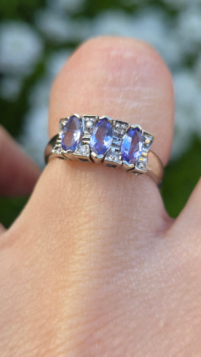 6557 Vintage: 9ct White Gold Tanzanite & Diamond Trilogy Ring