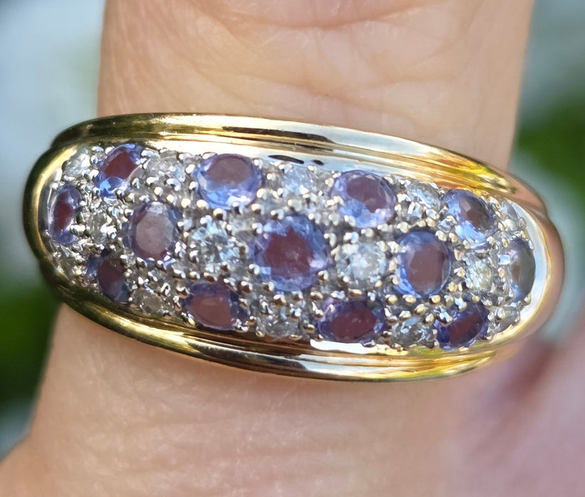 6312 Vintage: 14ct Yellow Gold Tanzanite & Diamond Cluster Band Ring