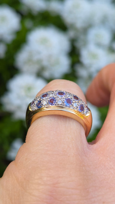6312 Vintage: 14ct Yellow Gold Tanzanite & Diamond Cluster Band Ring