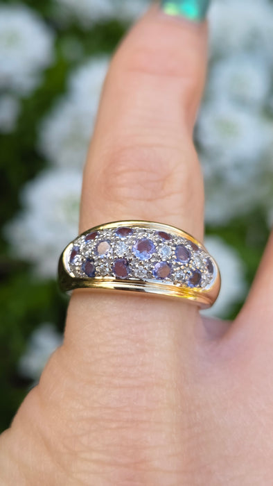 6312 Vintage: 14ct Yellow Gold Tanzanite & Diamond Cluster Band Ring