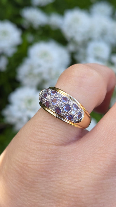 6312 Vintage: 14ct Yellow Gold Tanzanite & Diamond Cluster Band Ring