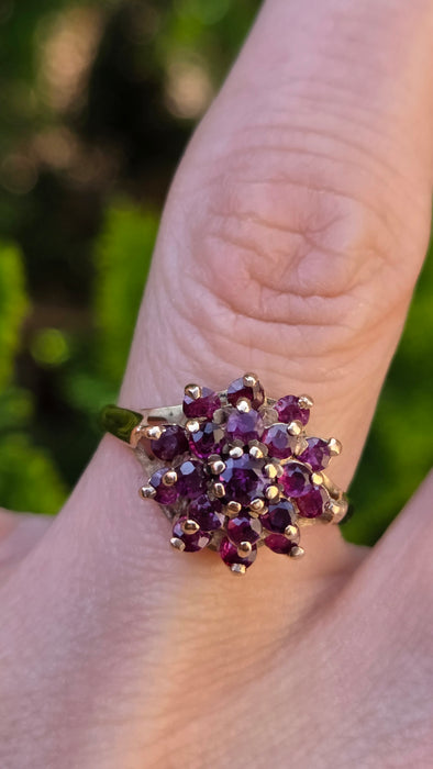 2250 Vintage: 9ct Yellow Gold Ruby Cluster Ring — From 1974