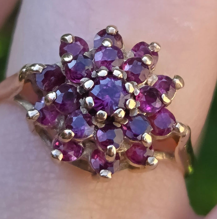 2250 Vintage: 9ct Yellow Gold Ruby Cluster Ring — From 1974