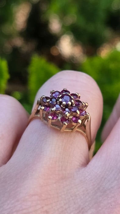 2250 Vintage: 9ct Yellow Gold Ruby Cluster Ring — From 1974