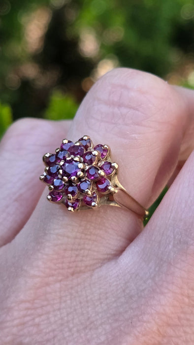 2250 Vintage: 9ct Yellow Gold Ruby Cluster Ring — From 1974