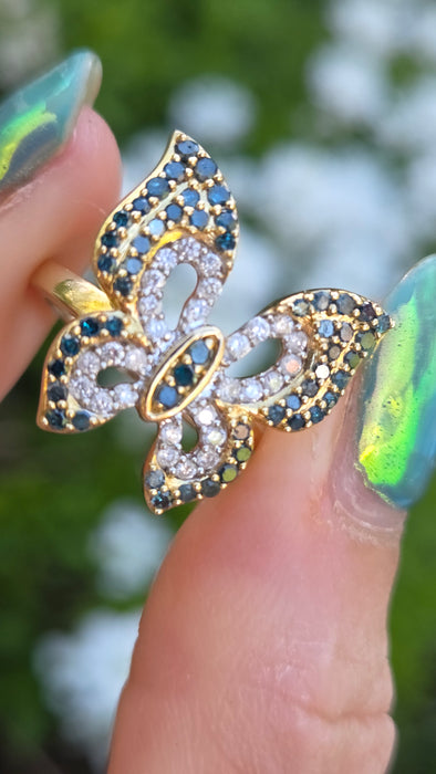 3259 Vintage: 9ct Yellow Gold Blue & White Natural Diamond Butterfly Ring