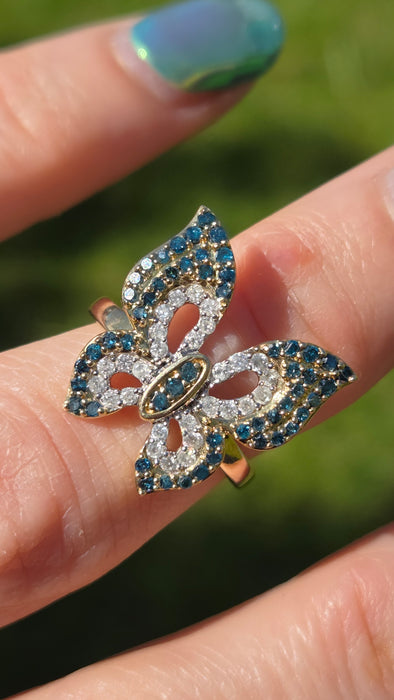 3259 Vintage: 9ct Yellow Gold Blue & White Natural Diamond Butterfly Ring