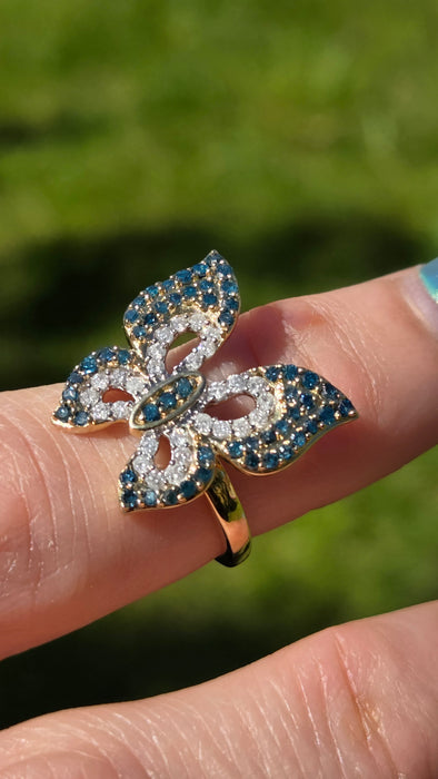 3259 Vintage: 9ct Yellow Gold Blue & White Natural Diamond Butterfly Ring