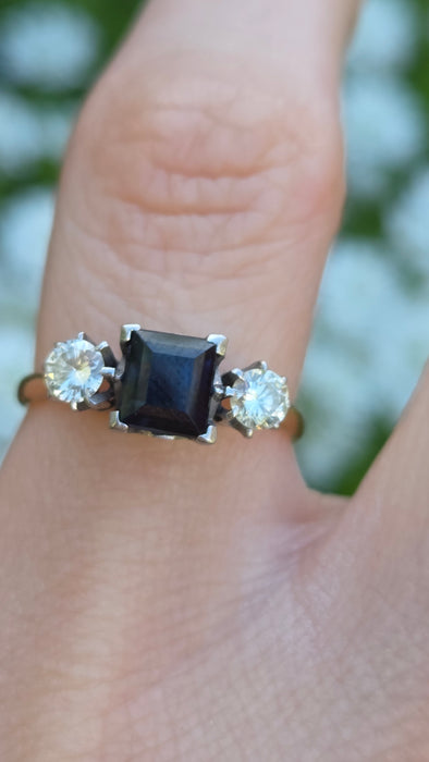 1598 Vintage: 18ct Yellow Gold & Platinum Sapphire & Diamond Three Stone Ring
