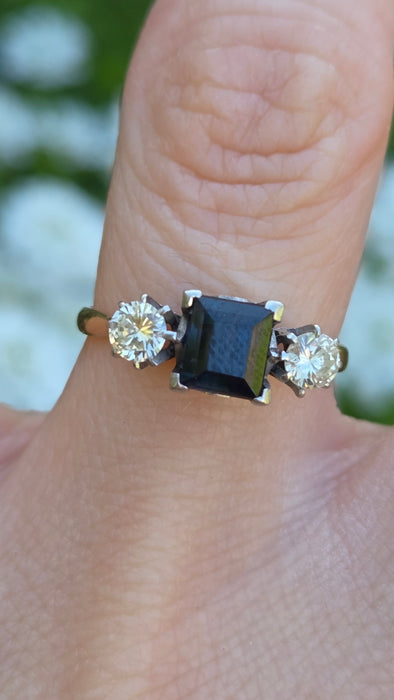 1598 Vintage: 18ct Yellow Gold & Platinum Sapphire & Diamond Three Stone Ring