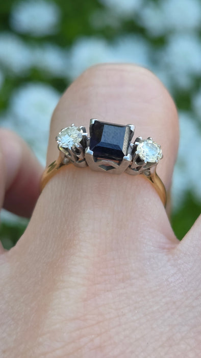 1598 Vintage: 18ct Yellow Gold & Platinum Sapphire & Diamond Three Stone Ring