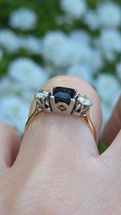 1598 Vintage: 18ct Yellow Gold & Platinum Sapphire & Diamond Three Stone Ring