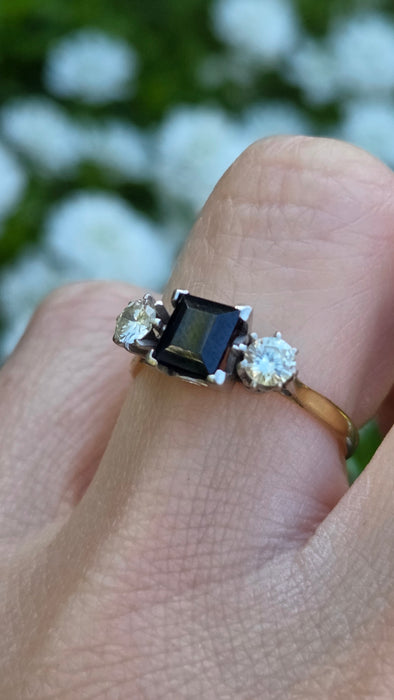 1598 Vintage: 18ct Yellow Gold & Platinum Sapphire & Diamond Three Stone Ring