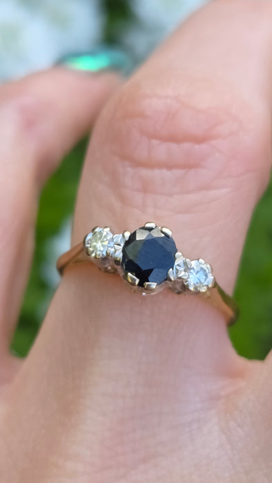 6530 Vintage: 18ct Yellow Gold Sapphire & Diamond Three Stone Ring — From 1966