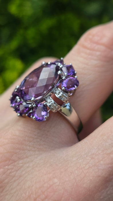 6546 Vintage: 9ct White Gold Amethyst & Diamond Cocktail Ring