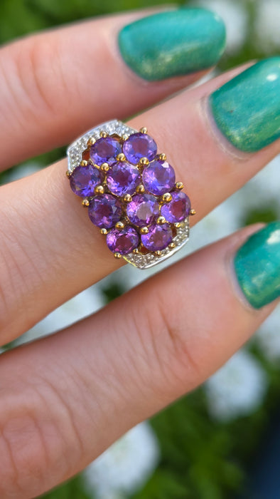 6559 Vintage: 9ct Yellow Gold Amethyst & Diamond Cluster Cocktail Ring