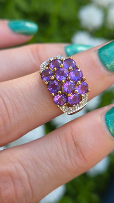 6559 Vintage: 9ct Yellow Gold Amethyst & Diamond Cluster Cocktail Ring