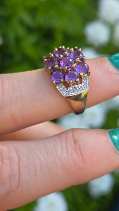 6559 Vintage: 9ct Yellow Gold Amethyst & Diamond Cluster Cocktail Ring