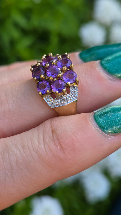 6559 Vintage: 9ct Yellow Gold Amethyst & Diamond Cluster Cocktail Ring