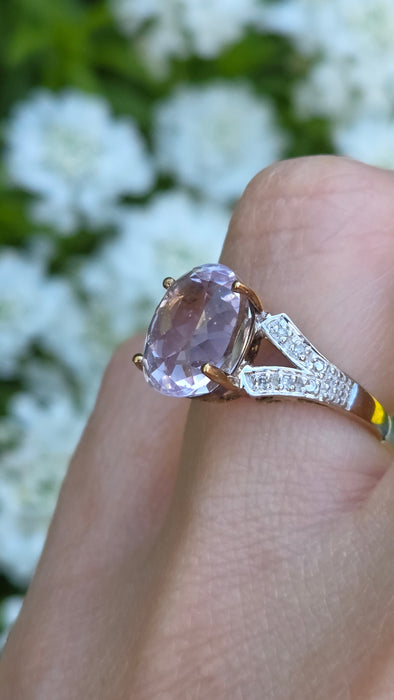 3267 Vintage: 9ct Yellow Gold Kunzite & Diamond Solitaire Ring