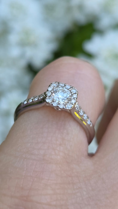 3176 Vintage: 18ct White Gold 0.55ct Natural Diamond Cushion Halo Ring — From 2011