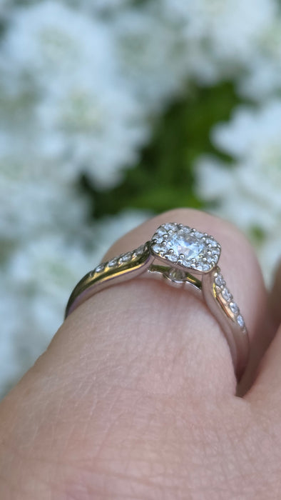 3176 Vintage: 18ct White Gold 0.55ct Natural Diamond Cushion Halo Ring — From 2011